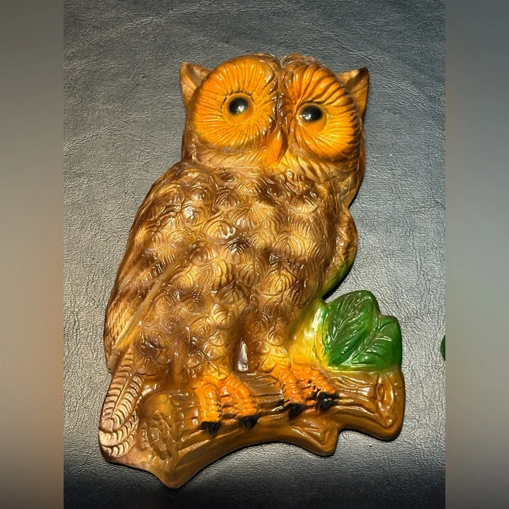 Set of Vintage 1970’s Chalk Owl Wall Hangings - Brown & Orange with Green Leaves